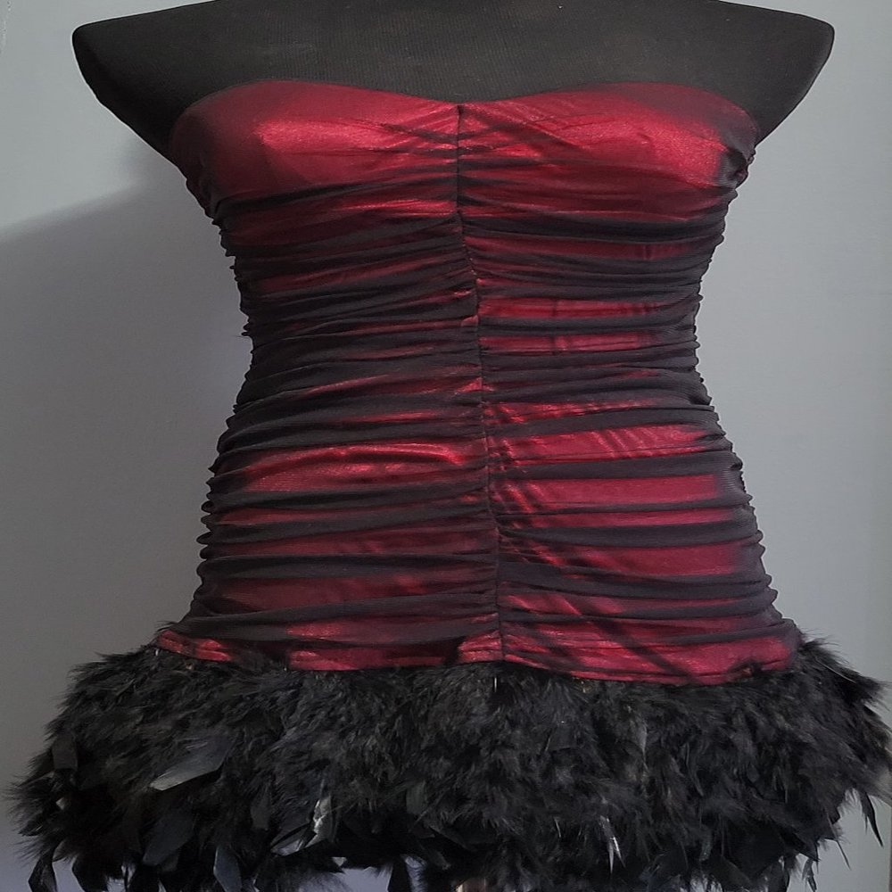 Charlotte Russe strapless black & red cocktail dress with black feather hem